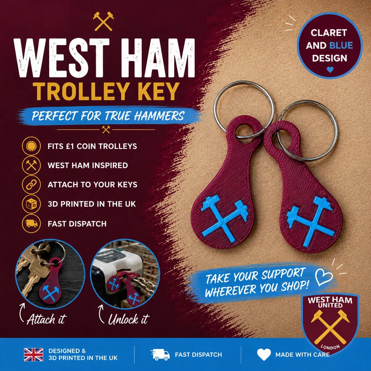 West Ham Inspired Trolley Key Token Keyring Shopping Cart Coin Hammers Irons