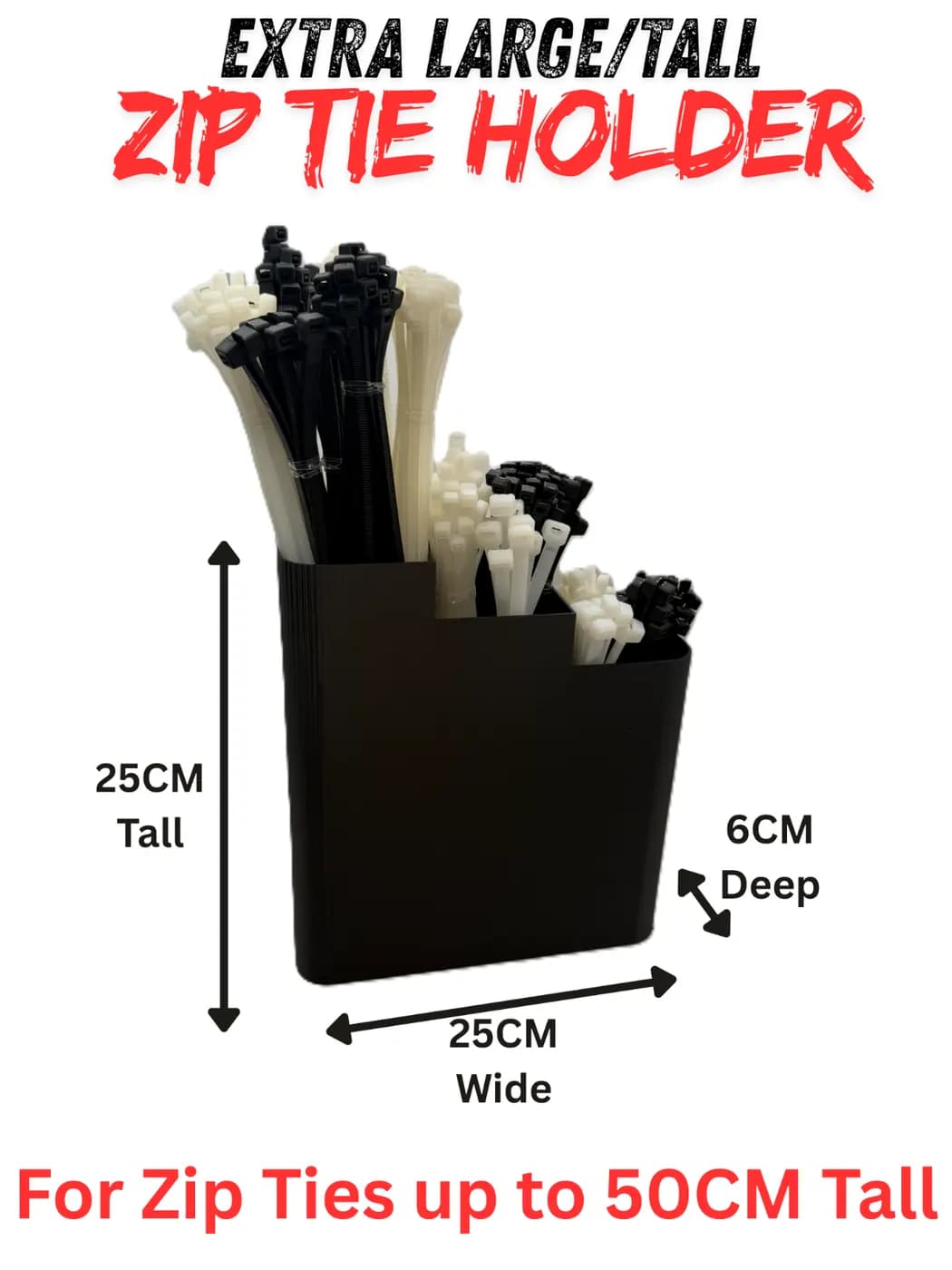 XL Extra Tall Large Black Cable Tie Holder Zip Tie Storage Wall Mount Organiser