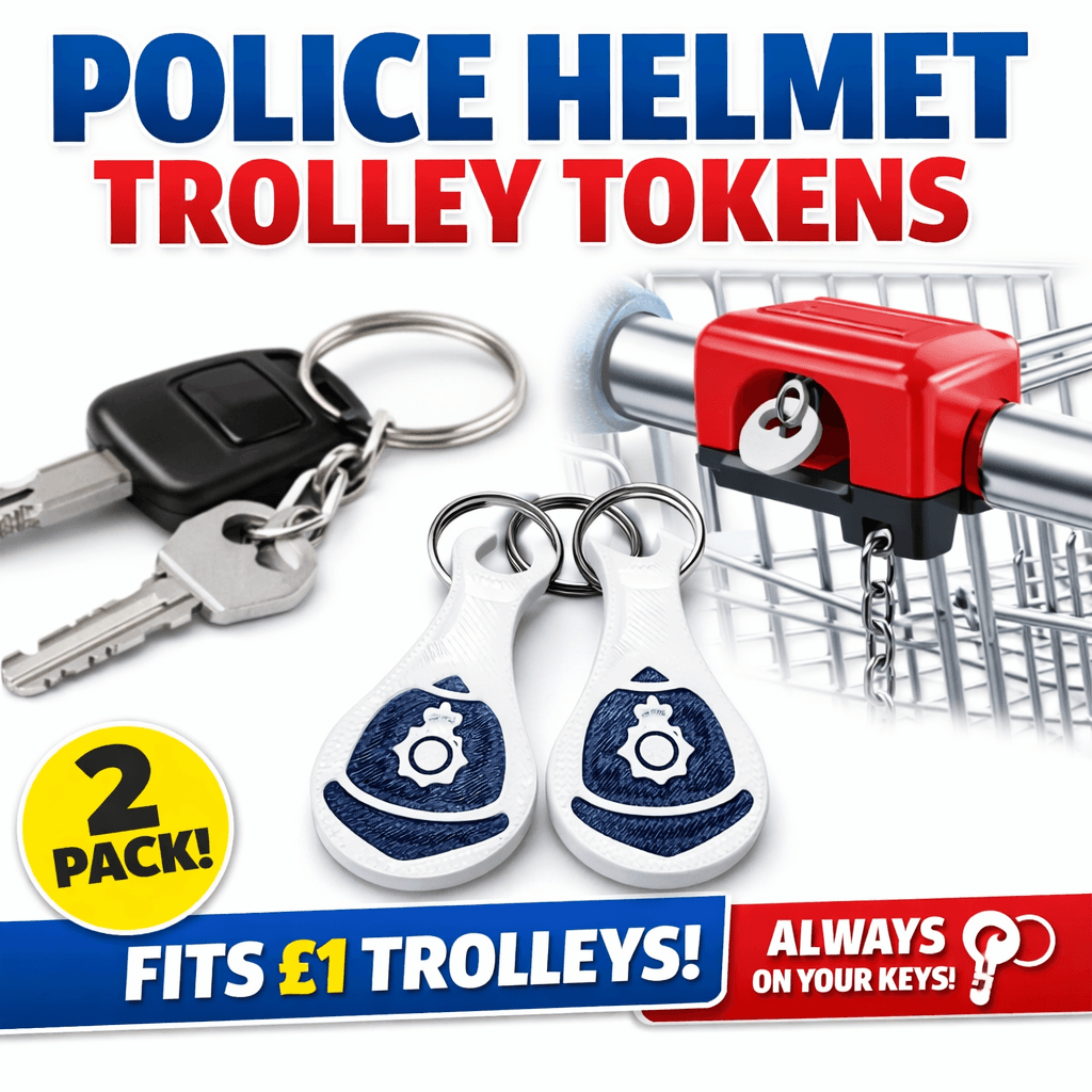 2 Police Custodian Helmet Hat Bobby Shopping Kart Trolley Token Keyring Tag Coin